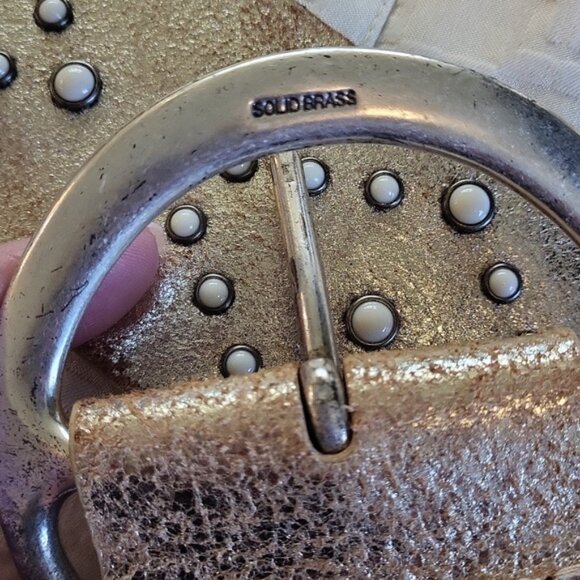 Another Line Inc. Leather White Studded Belt Solid Brass Silver Buckle Medium main image 8